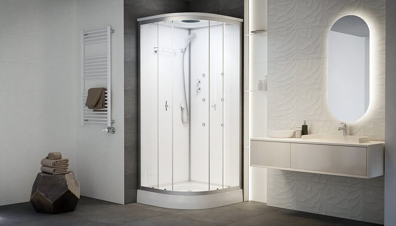 Hidromasszázs zuhanykabin Negyedköríves fehér színű üveg hátfal 90x90x222